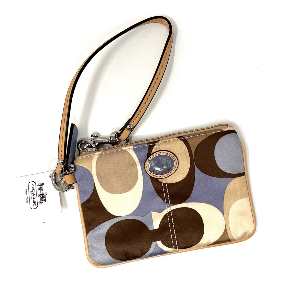 NEW! Coach Neutral Blue Signature Logo Fabric Wristlet 47097